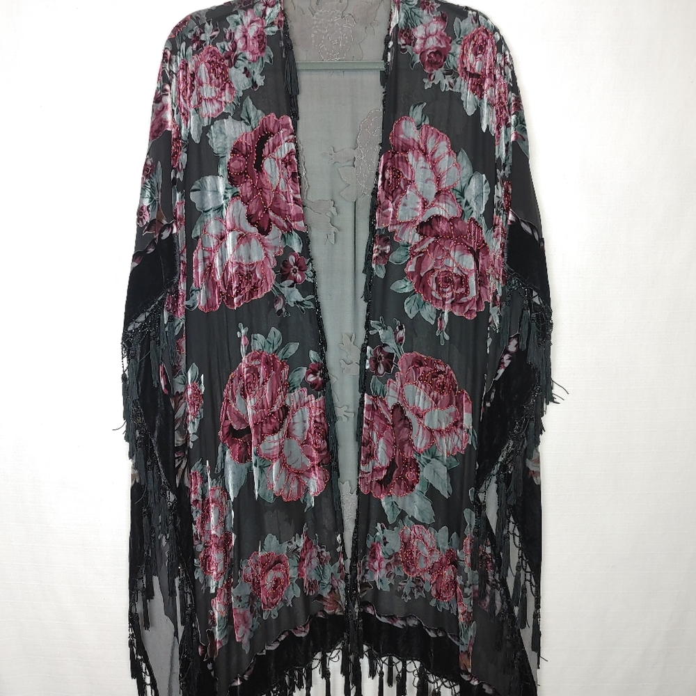 Black Velvet Burnout Floral Kimono Cover Up Duster